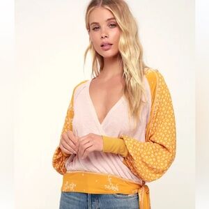 FREE PEOPLE Auxton Pink and Mustard Yellow Thermal Long Sleeve Wrap Top XS